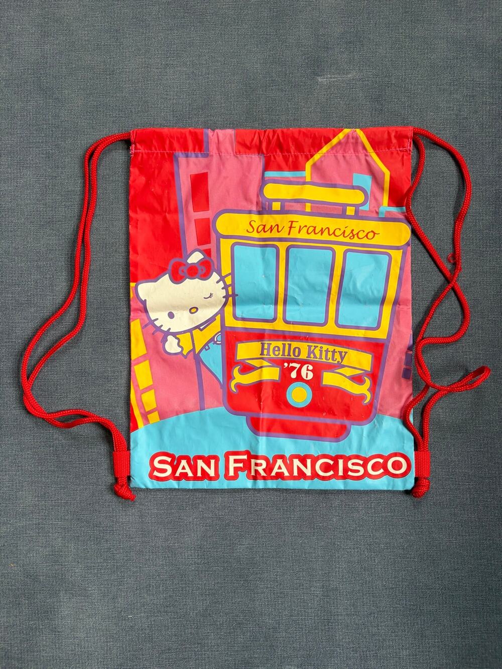 Vintage 2003 Hello Kitty San Francisco Cable Car Drawstring Backpack Sanrio Y2K